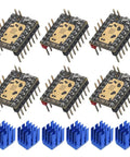 Six Pack TMC2209 V11 Stepper Motor Drivers with heatsinks, showing six drivers and blue heatsinks for 3D printers and CNC.