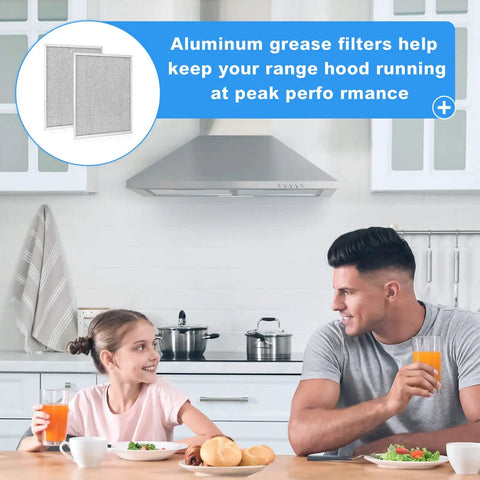 Family in kitchen with graphic of Two Pack Range Hood Filter Replacement for 99010299 Compatible Hoods Fits Allure WS1 QS2 and 30 Inch Models Aluminum Mesh Replacement Filter for Broan NuTone Hoods Easy Fit and Clean.