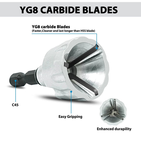 GMTOOLS external deburring chamfer tool with YG8 carbide blade; quick-release shank; fits 1/8–3/4 in bolts (3–19 mm) front view