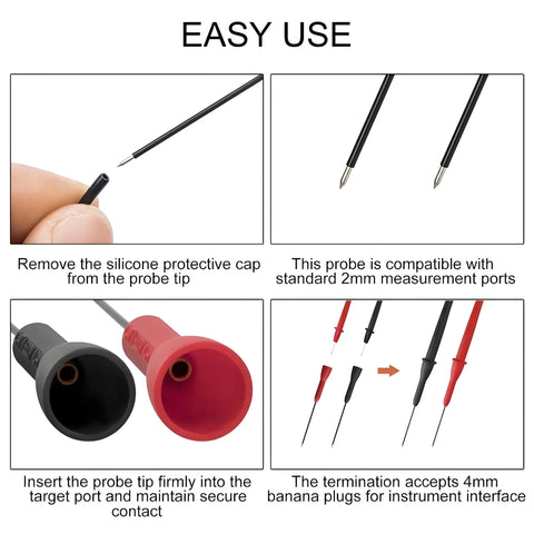 Instructions for using 4 Pack 2mm Extended Needle Test Probes Pro Grade For Multimeters 600V 10A Non Destructive Insulation Piercing