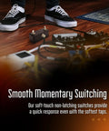 Musician using Dual Foot Switch Pedal For Guitar Effects With TRS Expansion To Extend Your Auxiliary Guitar Effects Processor Hand Wired And Built For The Road Matte Black Gig Ready Gear on stage