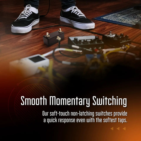 Musician using Dual Foot Switch Pedal For Guitar Effects With TRS Expansion To Extend Your Auxiliary Guitar Effects Processor Hand Wired And Built For The Road Matte Black Gig Ready Gear on stage