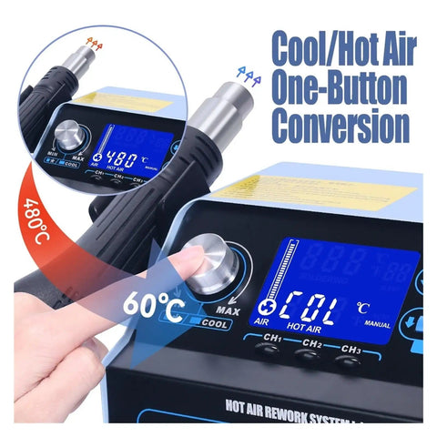 Cool hot air switch on 992D Plus All In One Pro Grade Soldering Station With Hot Air Rework, Desoldering Iron, Large LCD Display