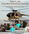 MD500 RC Helicopter Model C189 1/28 Scale 4CH taking off with camouflage finish, shown with one-click takeoff and landing feature.