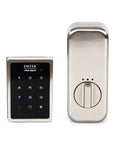 Motorized Touchscreen Smart Deadbolt With Included WiFi Bridge For Seamless Remote Access And Voice Commands Compatible With Alexa And Google Assistant Featuring Hella Tight Auto Unlock Keyless Entry Lock System in satin nickel finish with keypad.