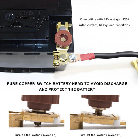 Heavy Duty Top Post Battery Disconnect Switch 12V 125A Quick Cut Off Master Isolator with pure copper switch head on battery.