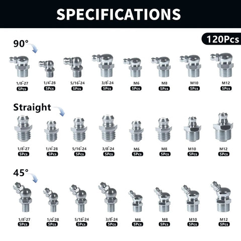 Grease Fittings 24 Size SAE And Metric Zerk Fitting Assortment Kit All In One For Straight 45 Degree And 90 Degree Nipples Includes One