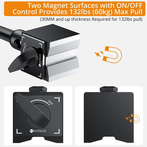 Magnetic base stand with ON/OFF control for dial test indicator set, showing two magnet surfaces and 132 lbs max pull.