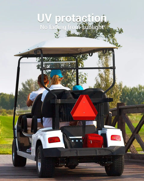 Heavy Duty No Rust 40 Mil Aluminum Slow Moving Vehicle Sign 14 By 16 Inches on back of golf cart in outdoor setting