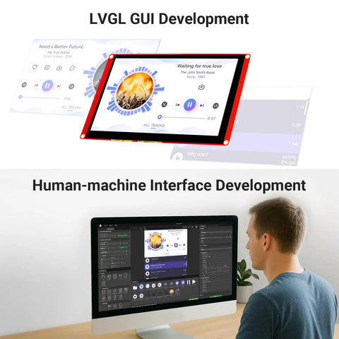 7 Inch TFT RGB LCD Touch Screen Display With Acrylic Case For DIY ESP32 LX7 Dual Core Up To 240MHz 800x480 Resolution, Built In WiFi And Bluetooth, Compatible With Arduino LVGL PlatformIO MicroPython, shown in LVGL GUI development
