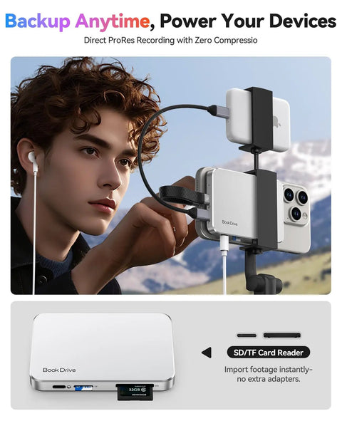 Man using MagSafe Magnetic External SSD With Built-In SD And TF Card Reader attached to phone with USB C cable