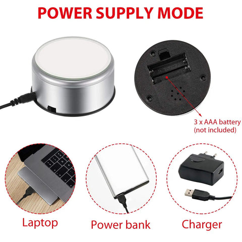 Mudder Silver Rotating Display Turntable Base For Epoxy Tumbler showing power supply connections for USB and battery options.