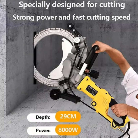 Heavy Duty 8000W Brushless Concrete Ring Saw With Four Premium Blades For Rapid Wall Slotting And A Badass Copper Motor cutting through concrete wall.