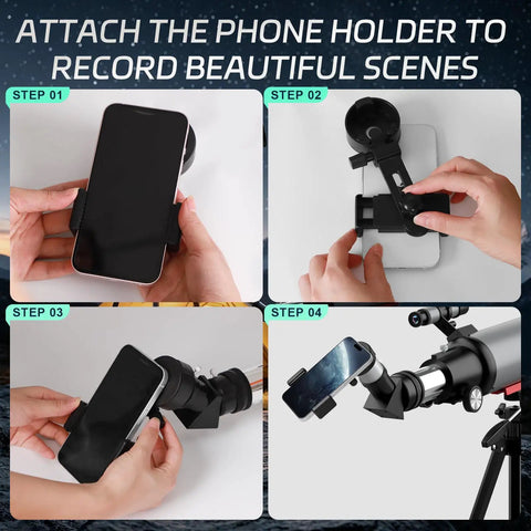 90mm Refractor Telescope For Adults And Kids Beginners With 600mm Focal Length And Fully Coated Green Optics Glass Delivers Bright Clear Views For Easy Stargazing At Home, phone holder attached