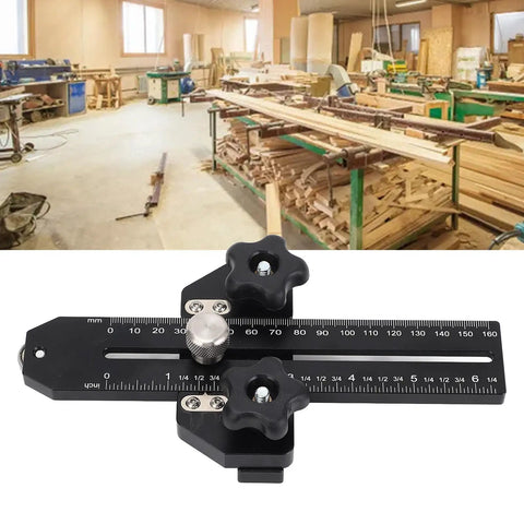 Beefy Aluminum Thin Rip Jig for Table Saw with T Track Slider and Dual Scale, woodworking tool in shop background