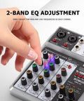 Adjusting EQ on 4 Channel Digital USB Bluetooth Audio Mixer for Recording, Live Streaming, and Podcasting with Echo Delay, 48V Phantom Power