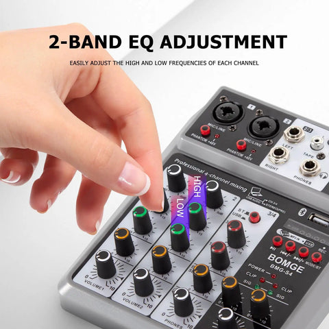 Adjusting EQ on 4 Channel Digital USB Bluetooth Audio Mixer for Recording, Live Streaming, and Podcasting with Echo Delay, 48V Phantom Power