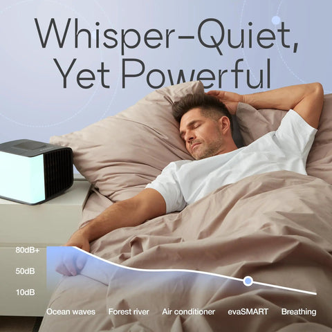 Man sleeping peacefully next to Mini Evaporative Air Cooler For Desk And Camping With Smart App Control Removable Water Tank.