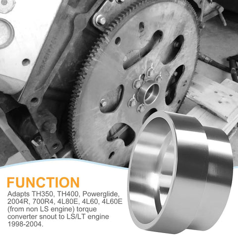 LS Swap Flexplate Adapter Spacer For TH400 TH350 700R4 Flywheel Torque Hub Transmission Crank Sleeve Gearhead Approved Compatible With LS1 LS2 LS3 LQ4 LS7 5.7 6.0 5.3 Engines shown installed and close-up of adapter spacer.