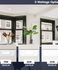 Six Inch Square Led Recessed Lights 12 Pack Canless Downlights With Hella Adjustable Cct and Dual Dimming Wet Rated for Tight Ceilings showing 3 wattage options.