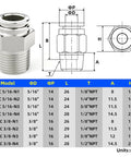 Premium 304 Stainless Steel Push To Connect Fittings, Male Straight Three Eighths Inch Tube OD To One Half Inch NPT Thread