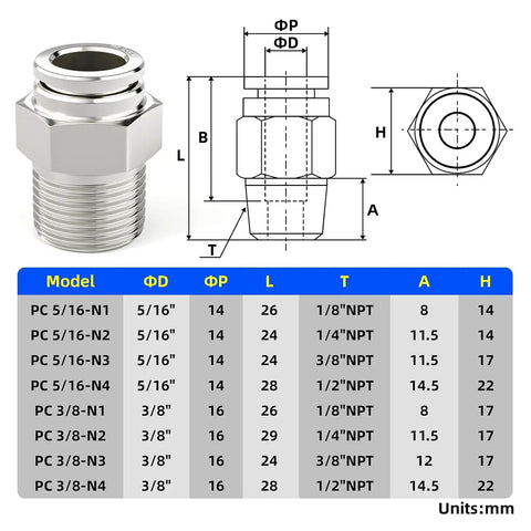 Premium 304 Stainless Steel Push To Connect Fittings, Male Straight Three Eighths Inch Tube OD To One Half Inch NPT Thread
