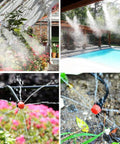 50 Foot Automatic Drip Irrigation System Kit in action watering greenhouse flowers and poolside garden with mister dripper