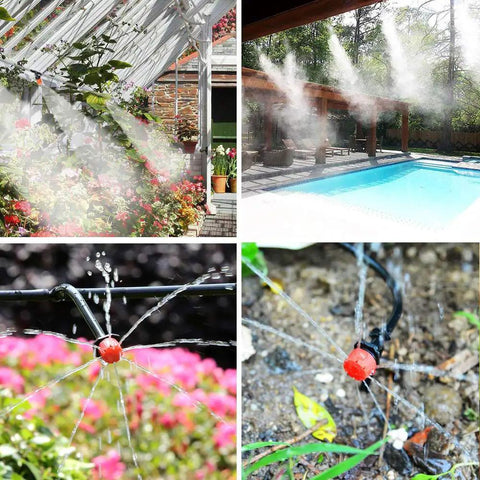 50 Foot Automatic Drip Irrigation System Kit in action watering greenhouse flowers and poolside garden with mister dripper