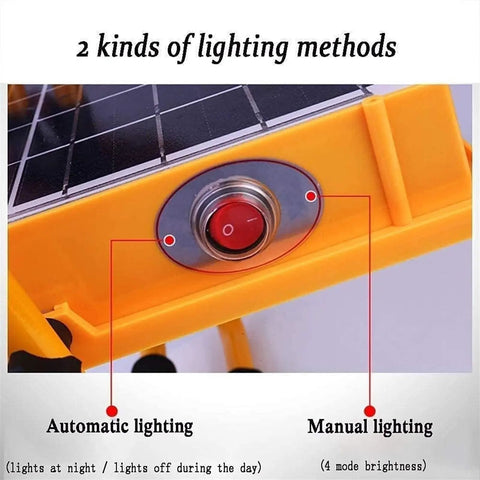 JUDYSSY Led Floodlight 50W Rechargeable Solar Work Light showing lighting modes switch for automatic and manual use.