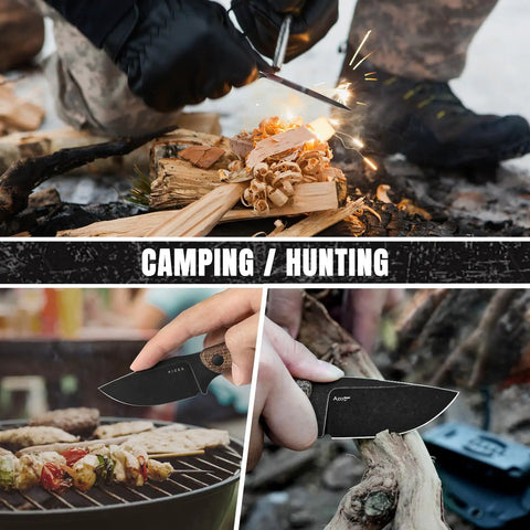 3.14 Inch D2 Fixed Blade Knife With Sheath in use for camping and hunting, shown slicing meat and igniting firewood.