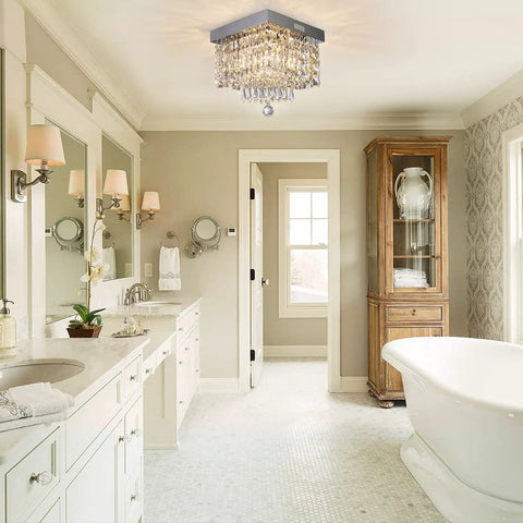 Dope Modern Square Raindrop Crystal Chandelier Flush Mount Ceiling Light Fixture in elegant bathroom with sparkling crystals.