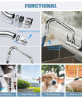 Wall Mount Commercial Kitchen Faucet With 8 Inch Center Spout displayed with water hose options and uses like pet showering and car washing.