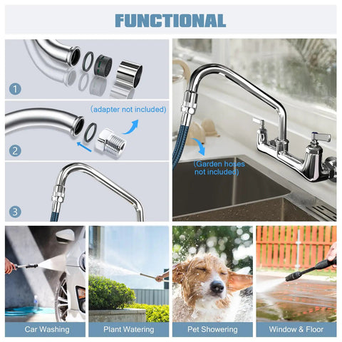 Wall Mount Commercial Kitchen Faucet With 8 Inch Center Spout displayed with water hose options and uses like pet showering and car washing.