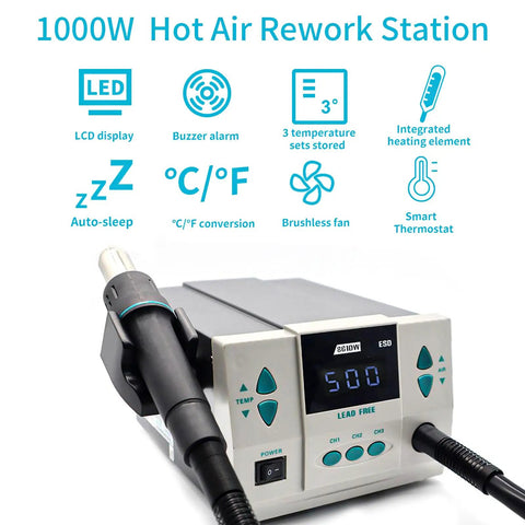 Hot Air Rework Station With Digital Display And Sleep Mode, 110V 1000W, 7 Nozzles, Adjustable Temperature, Desoldering Gun, Three Programmable Channels