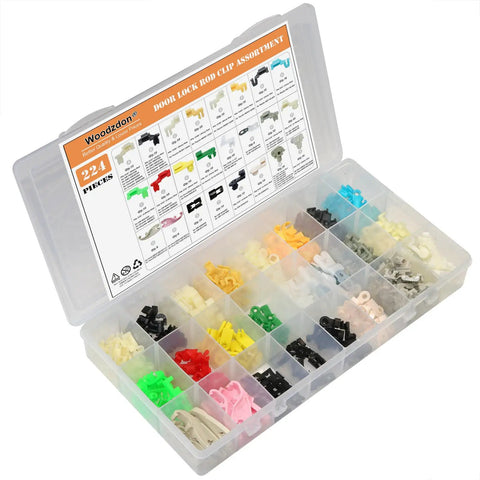Open box showing 224-piece door lock rod clip kit for GM Ford Chrysler Toyota Mazda fits 4mm and 5mm rod size with various clips
