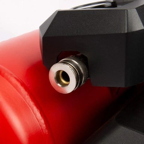 Close-up of nozzle on Compact 1.5 Gallon Oil Free Portable Air Compressor For DIY Projects Delivers 1.5 CFM At 90 PSI And 125 PSI Max