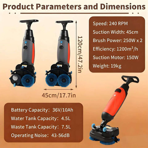 Cordless Electric Floor Scrubber 36V 10.5Ah Heavy Duty Industrial Scrubber With Dual 4L and 6L Tanks, Long Battery Life, Red Machine