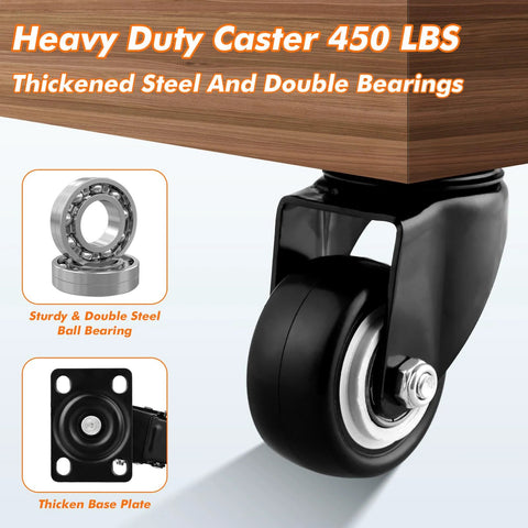 1.5-inch black PU swivel caster wheel with double ball bearings and thick base plate; set of 8, no brake