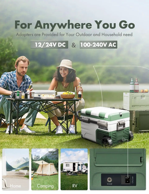 Couple enjoying picnic with 39 Quart 12 Volt Portable Car Refrigerator for tailgating and camping, outdoor setup.