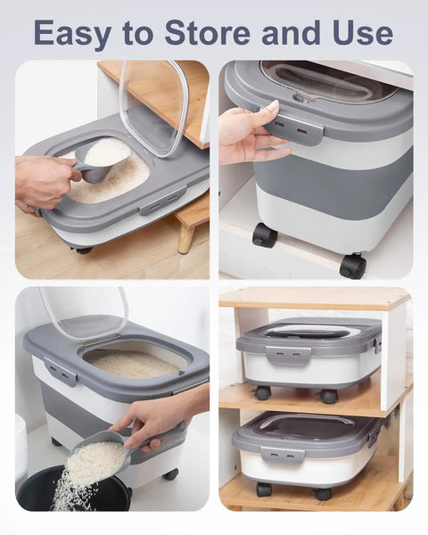 Space Saving Collapsible Rice Storage Container With 20 To 30 Lb Capacity Rolling Wheels Airtight Locking Lid in use and storage