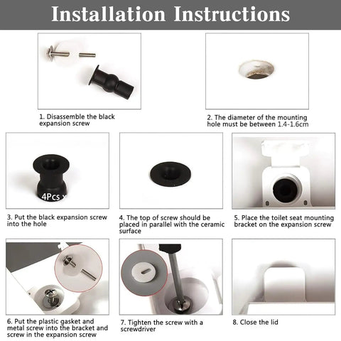 Installation guide for 4 Pack Toilet Seat Bolts Kit With Expanding Rubber Top Nuts For 14 To 16mm Hole Seats, step-by-step instructions.