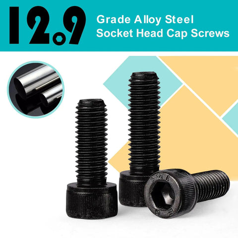Heavy Duty M10 X 100Mm Hex Socket Head Cap Screws Bolts 12.9 Grade Alloy Steel Black Oxide Finish, close-up view of 3 screws.