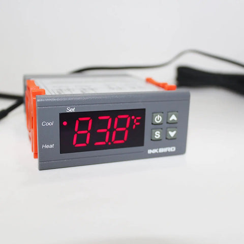Dual Stage Digital Temperature Controller For Heating And Cooling With Alarm, 110V NTC Sensor Thermostat, display reads 83.8°F.