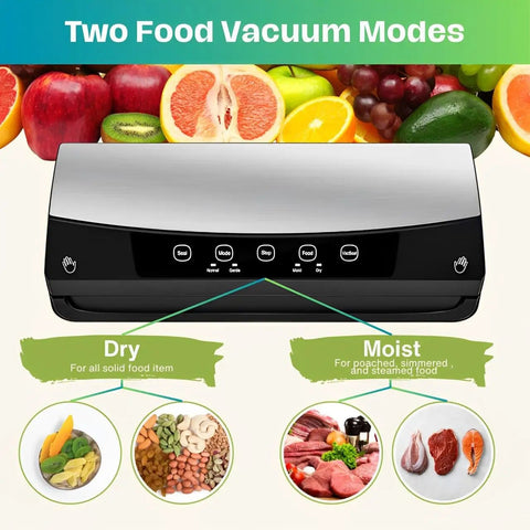 Image of Kitchen Vacuum Sealer That Keeps It Fresh For Dry And Moist Foods with a display of dry and moist food modes.