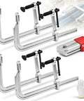 Heavy Duty 12 Inch F-Clamps 4-Pack With Grip Gloves For Welding Woodworking And Metal Assembly visible, showcasing strong drop forged steel.
