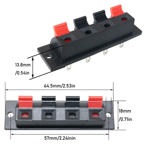 4 Pack Large Size Spring Push Speaker Terminal Block For No Fuss Wiring, Jack Socket Connector, red and black connectors, dimensions shown