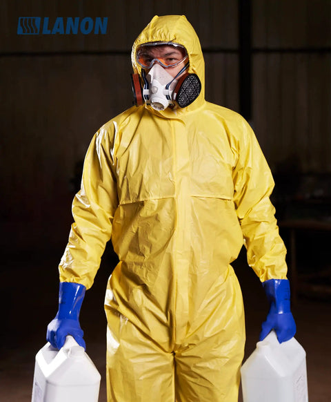 Premium Pvc Chemical Gloves With Sturdy Nonslip Grip And Serious Oil Acid Alkali Shield For Daily Tradesman Tasks And Yard Work That Actually Hold Up Under Heavy Use worn by a person in a protective suit holding bottles.