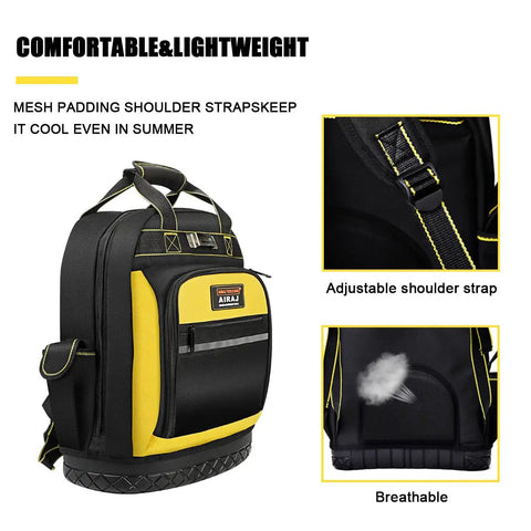 Heavy Duty Tool Backpack With Molded Waterproof Bottom And Waist Support For Electricians, Plumbers, And Pros, side view
