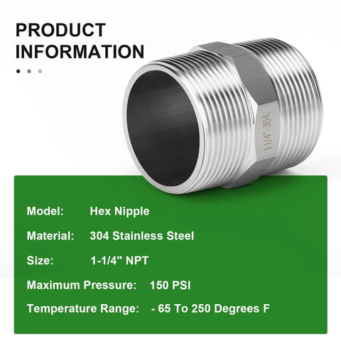 Two-Pack 304 Stainless Steel Hex Nipple 1-1/4 In NPT Male To 1-1/4 In NPT Male Pipe Fitting Adapter with product details