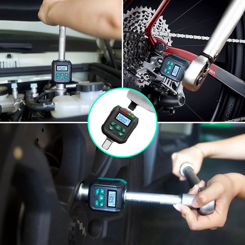 Half Inch Digital Torque Adapter Kit with Socket Adapters in use on engine, bicycle, and car wheel with LED alerts visible